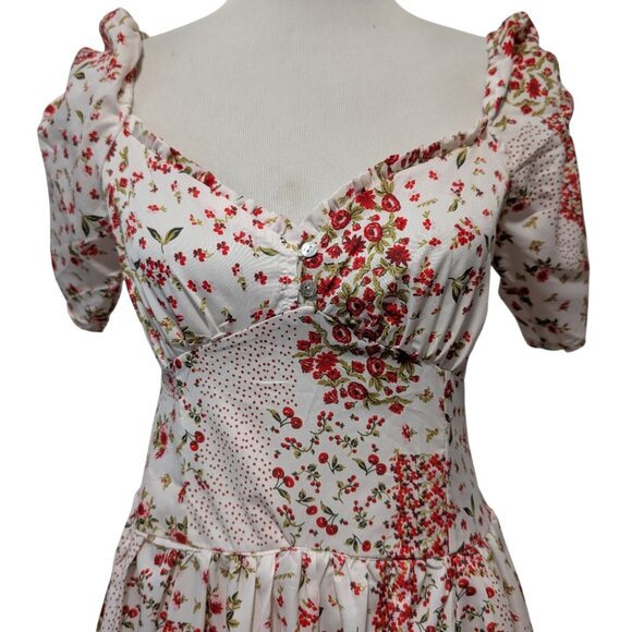 To My Lovers Womens Size L White Red Floral Cherries Puff Sleeve Dress Altered? - Picture 5 of 12